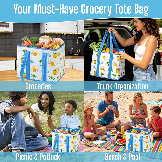 VENO 3 Pack Reusable Grocery Shopping Bags Utility Tote w/Sturdy Handles | Heavy Duty Storage Box with Hard Bottom, Foldable Picnic Basket for Groceries Shopping Cart Trunk(Tropical Island, 6 Gallon) - Image 5