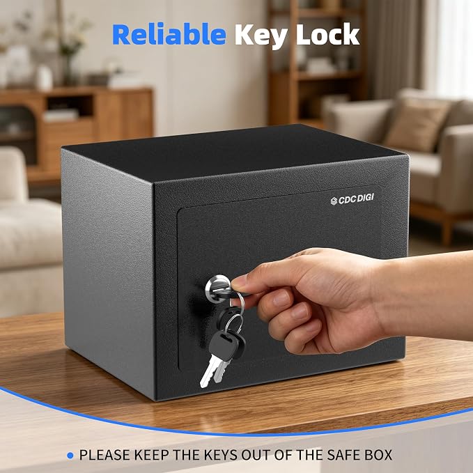 CDC DIGI Steel Security Safe Box with Key Lock,Safe Box for Home, Office, Money, Jewelry, Documents and Valuables, 0.23 Cubic Feet, 9.06" W x 6.69" D x 6.69" H, Black - Image 5