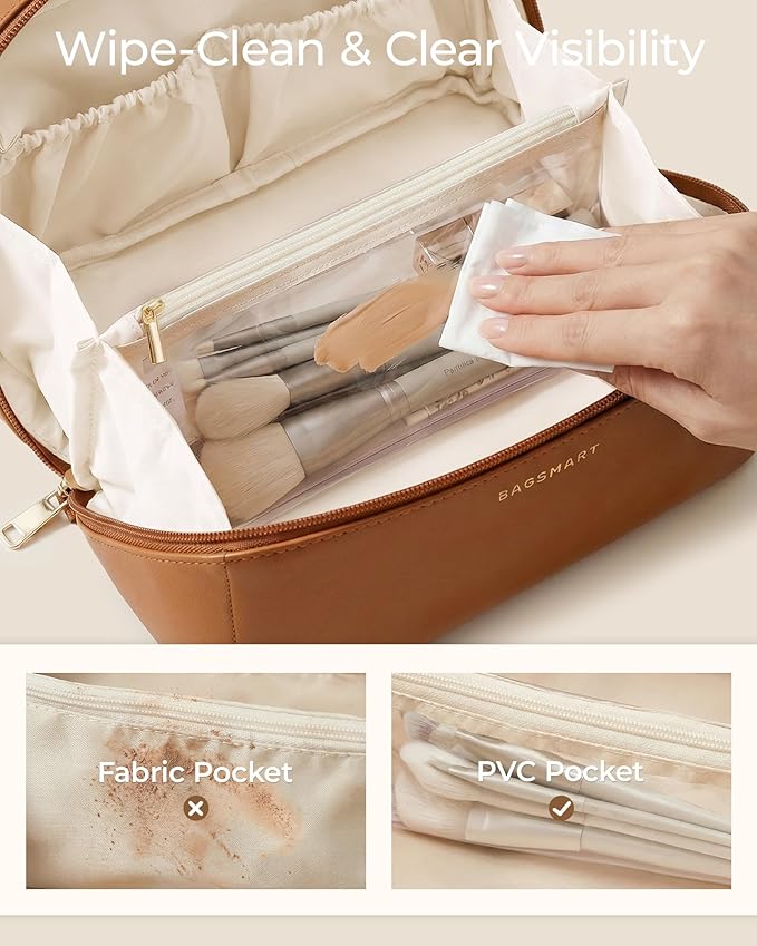BAGSMART Makeup Bag Travel Cosmetic Bag,Women Toiletry Case, Coffee Brown | Make Up Bag Flat Open Toiletry Bag for Women, PU Leather Travel Essentials Wide-open Skincare,Brushes Organizer Case Large - Image 4