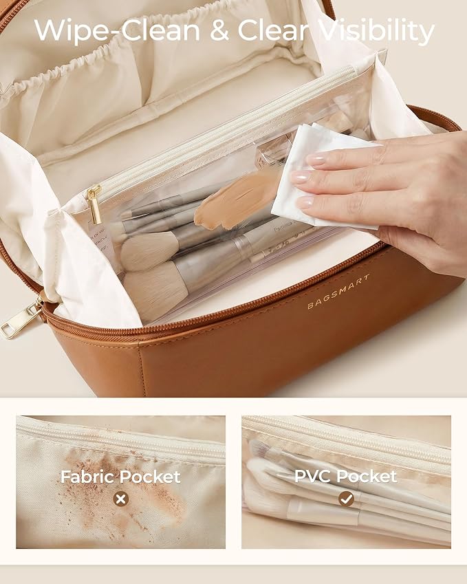 BAGSMART Makeup Bag Travel Cosmetic Bag,Women Toiletry Case, Ginger Yellow | Make Up Bag Flat Open Toiletry Bag for Women, PU Leather Travel Essentials Wide-open Skincare,Brushes Organizer Case Large - Image 3