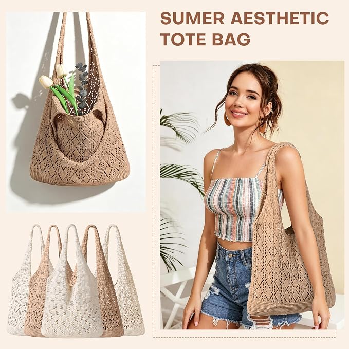 Sightor Crochet Tote Bag, Mesh Beach Bag Knit Summer Hobo Bag for Women | Beach Tote bag Vacation Outfits Aesthetic Boho Bag - Image 5