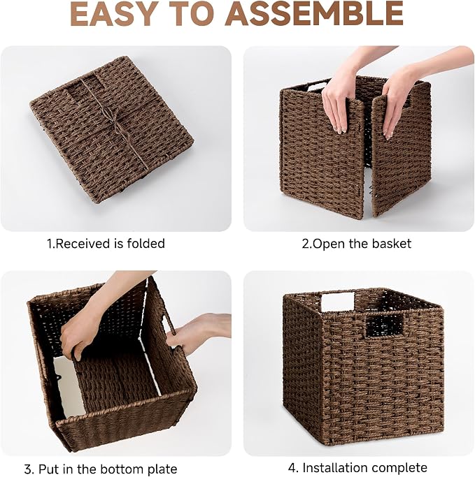 StorageWorks 11 inch Cube Storage Bins, Wicker Storage Cubes 11x11x11,Brown | 2-Pack, Handwoven Square Cubes Baskets, Foldable Paper Rope Baskets for Organizing, Square Baskets, Wicker Basket for Storage - Image 8