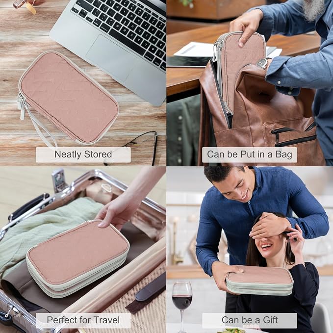 FYY Electronic Organizer, Travel Tech Pouch Bag, Medium, Pink Quilted | Wrist Strap, Waterproof, Double Layers Portable Electronics Travel Carrying Case for Cord, Charger, Daily Business Trips Use - Image 7