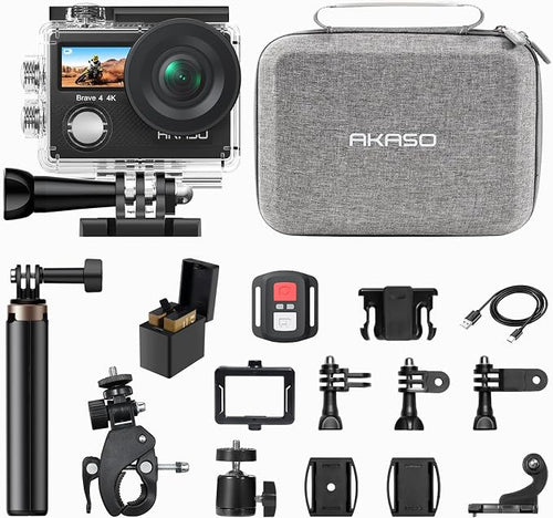 AKASO Brave 4 Action Camera with Selfie Stick Tripod and Carry Bag Bundle | 20MP EIS WiFi 170° FOV 5X Zoom Waterproof Underwater Camera for Snorkel, Travel, Bicycle, Helmet, Motorcycle Accessories Kit by AKASO