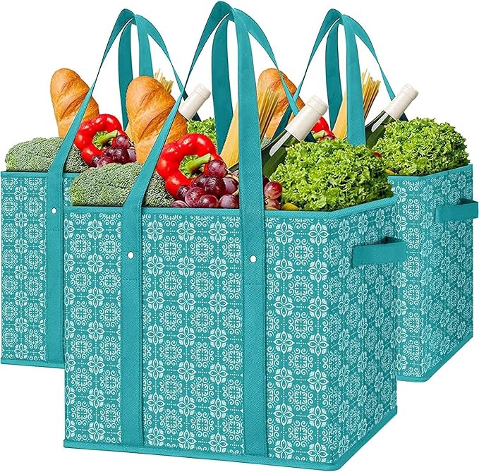 Reusable Grocery Bags 3 Pack, Foldable & Water Resistant Shopping Bags | Large Grocery Tote Bag Water Resistant Shopping Bags Foldable Grocery Bag for Clothes,Shoes and Picnic by WiseLife