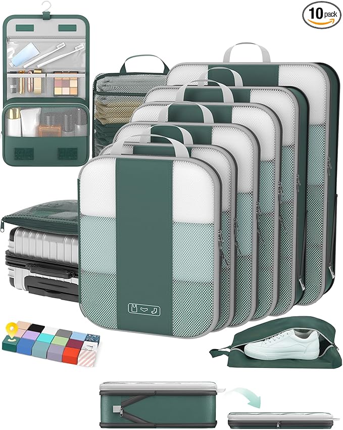 OlarHike 10 Set Compression Packing Cubes for Travel Essentials,Compressible Expandable Space Saver Bags for Organizing Clothes,Luggage Suitcase Garment Bags with Over 1000 pcs Mesh Holes(Dark Green) by OlarHike
