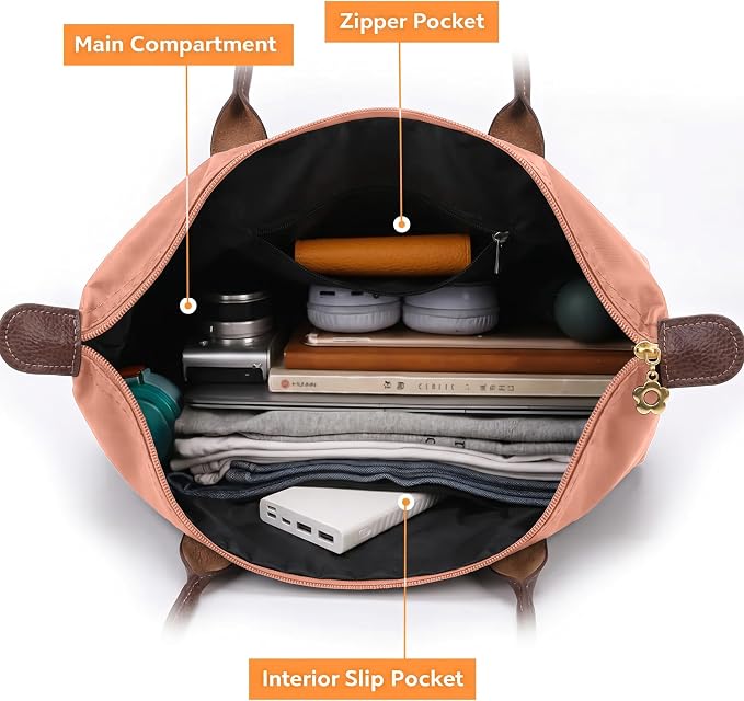 Nylon Tote Bag for Women, Lightweight Foldable Shoulder Tote with Zipper, Large Work Travel Bag for Everyday Use - Image 4