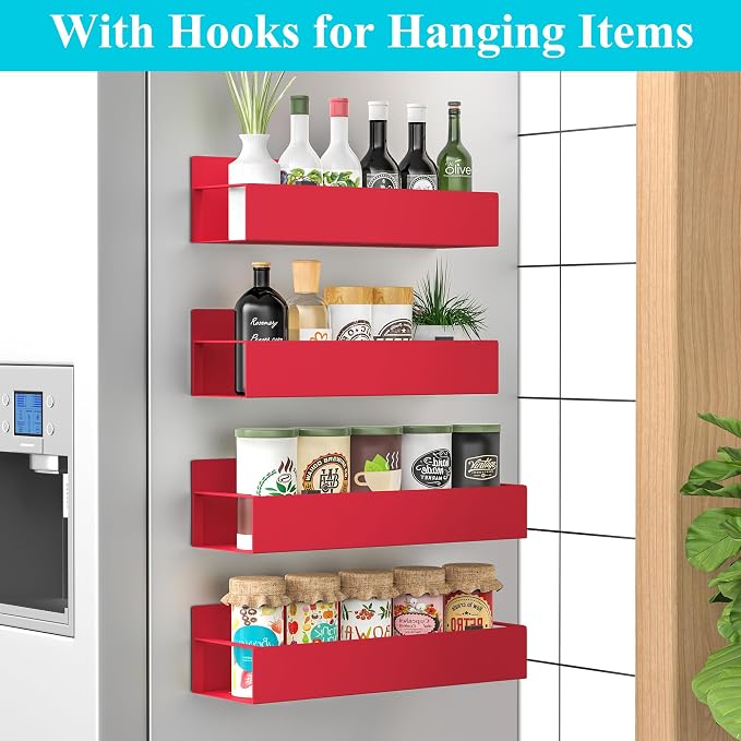 HuggieGems 4 Pack Magnetic Spice Storage Rack Organizer for Refrigerator and Oven, Red Fridge Organizers and Storage | Magnetic Shelves Heavy Duty for Fridge in Kitchen, Seasoning Storage Organizer, For Oven Washer and Dryer, For Heavier Items - Image 2