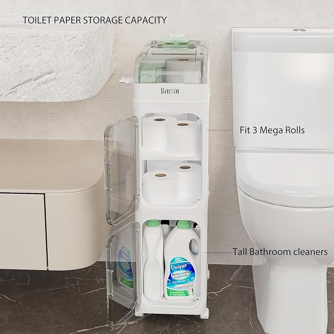 BINSIO 3-Tier Slim Bathroom Storage Cabinet, Rolling Toilet Paper Storage Cabinet with Clear Doors, Narrow Toilet Side Organizer for Small Bathrooms, Rolls, Wipes, Cleaners and Bathroom Essentials - Image 4