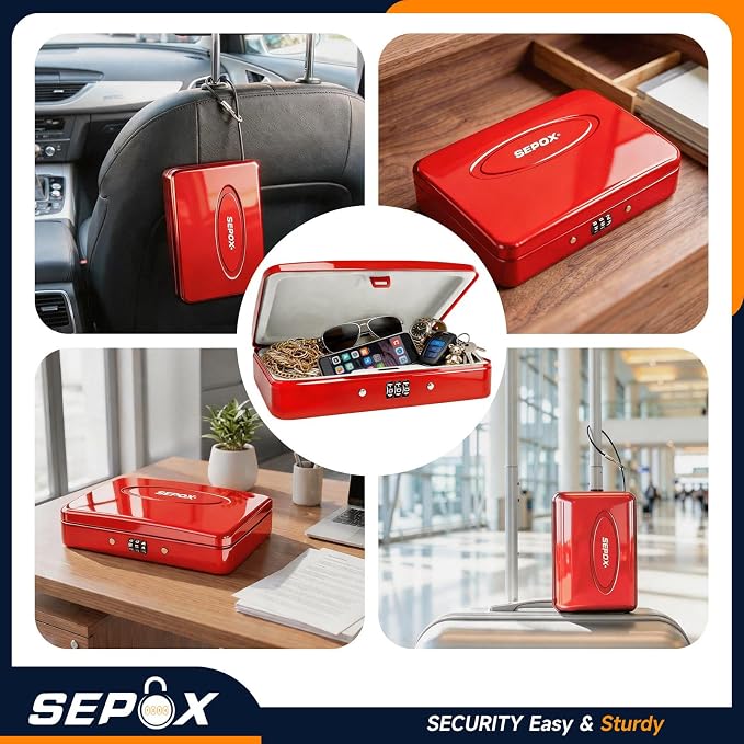 SEPOX® 2PK Portable Steel Safe Box 3-Ft Cable Keyless 3-Digit Combo Red Set | For Dorm Car Office 2 Red Portable Safe Boxes Keyless 3-Digit Lock Steel Shell 3-Ft Steel Cable Secures Cash Cards Valuables - Image 4