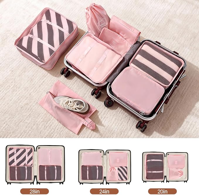 Packing Cubes for Travel, 8 Set Luggage Organizer Bags Travel Cubes for Packing Compression Luggage Cubes for Suitcase Carry on Travel Essentials with Laundry & Toiletry Bag（pink） - Image 3