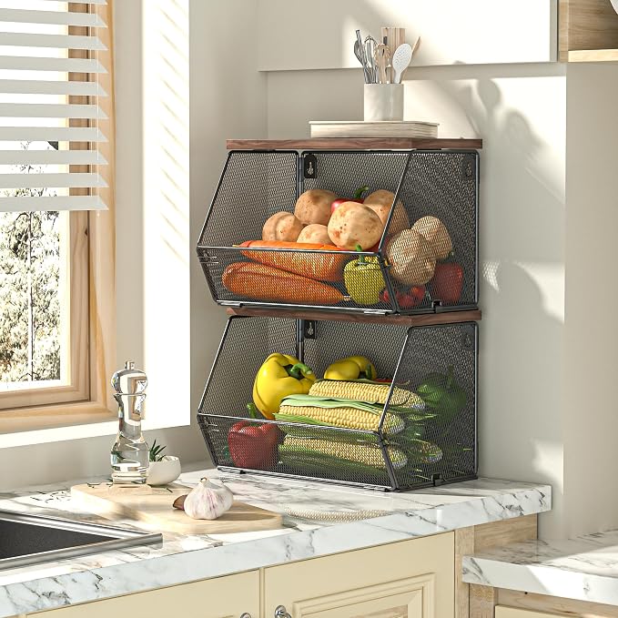 Litwaro Fruit Basket Wire Baskets with Wood Lid, Wall Mounted Produce Basket for Snack, Fruit and Vegetable Storage, Countertop Onion and Potato Storage, 3 Pack Stackable Kitchen Counter Organizer - Image 4