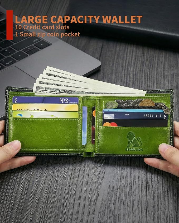 Men's Cowhide Leather RFID Wallet, Slim Bifold (Green) | 2 Clear ID Windows, 10 Card Slots, Zipper Coin Pocket, Gradient Finish for Business, Travel, Daily Carry and Gifts - Image 5