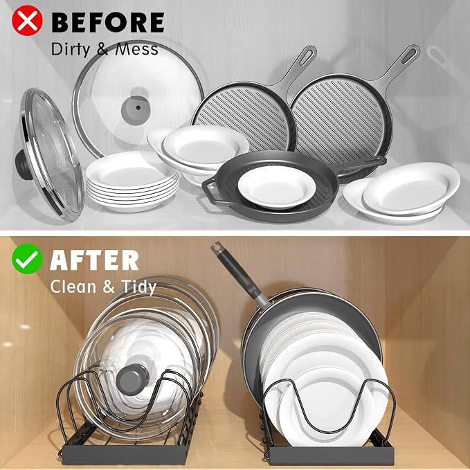 2PACK Pot Lid Organizers Inside Cabinet for Kitchen, Pots and Pans Organizer Under Cabinet with 16 Adjustable Dividers, Countertop Lid Holder, Rust-Resistant, Tool-Free Installation, Easy to Clean - Image 2