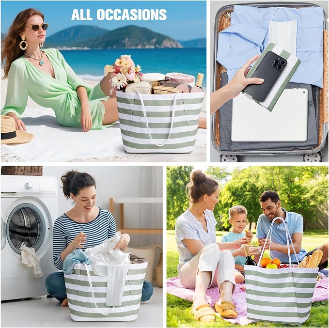 KALIDI Beach Tote Bag Women Large Waterproof Sandproof Shoulder Handbags | Foldable Grocery Bag Striped Pool Bag Lightweight Travel Purse for Picnic Travel Vacation Casual Errands Everyday Daily - Image 6