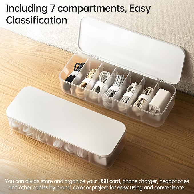 PAVSTINE Cable Organizer Storage Box with Lid, 7 Wire Ties, White | Adjustable Dividers, Holds Power Cords & Charger, Dust-Proof, Desktop Accessories & Stationery Supplies for Home & Office - Image 6