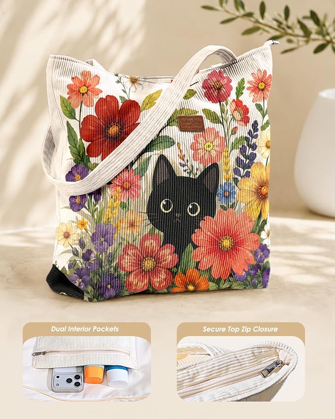 Aesthetic Corduroy Tote Bag with Zipper for Women | Reusable, Fits 14 Inch Laptop, Inner Pocket, double-sided print, Lightweight - Image 4