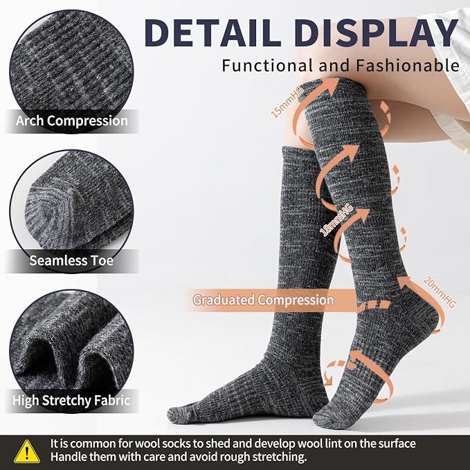 Merino Wool Compression Socks for Women Men,15-20mmHg for Flying | 3 Pairs, Knee High, Moisture Wicking, Temperature Regulation, Thermal Warm, Graduated Compression Socks for Running, Travel - Image 3