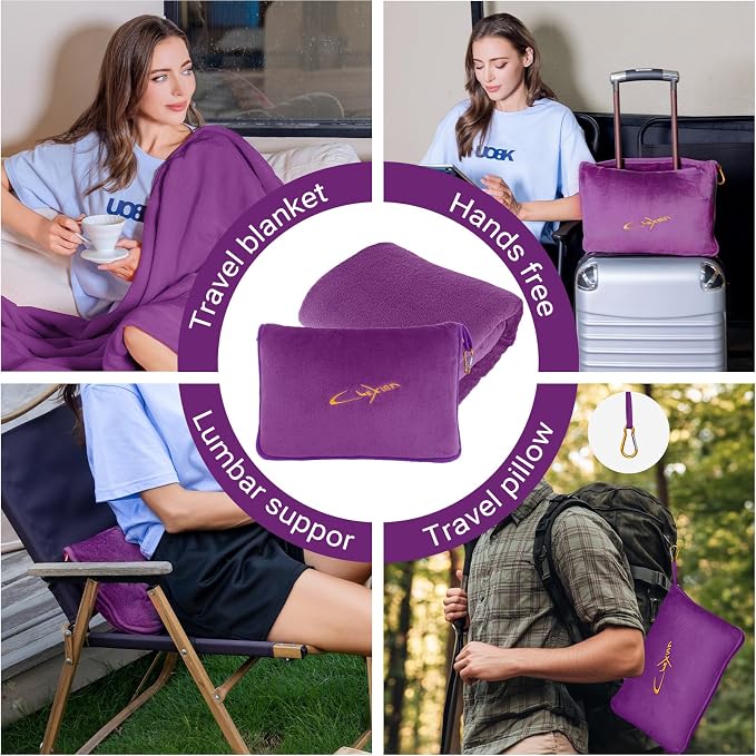 Travel Blanket & Pillow Set, 300 GSM Soft Fleece, 60x43 Inches, 3-in-1 Airplane Blanket, Travel Pillow and Blanket Set, Travel Blanket Airplane Compact with Bag, Travel Essentials, Violet - Image 3