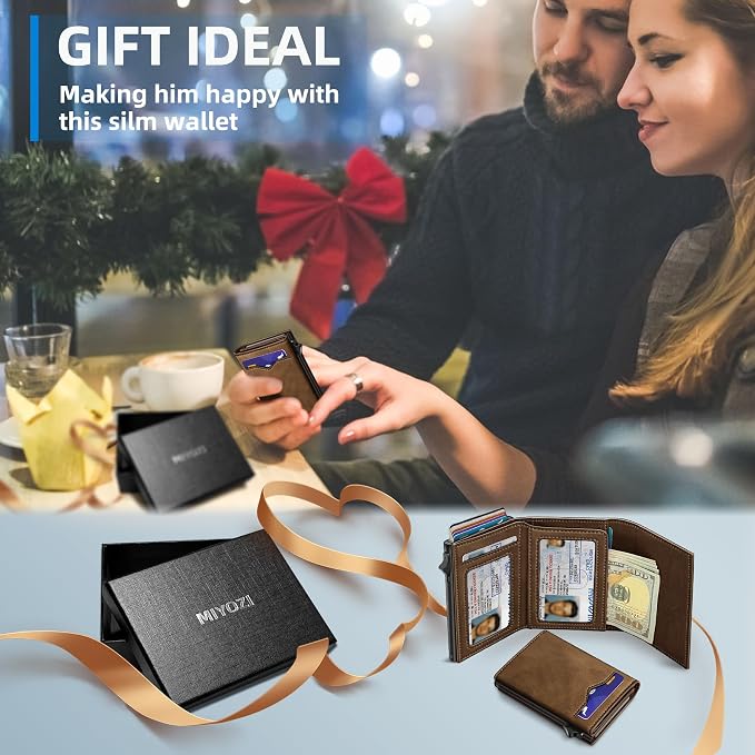 Wallet for Men,with Cash Pocket 2 ID Window 9-13 Cards,Metal Case Smart Slim Pop Up Credit Card Holder Flip with Magnetic Closure RFID Blocking Trifold wallet with Gift Box - Image 7