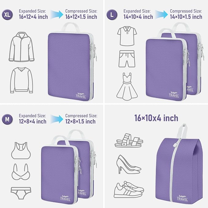 6 Set Compression Packing Cubes, Suitcase Organizer, Lightweight Travel Essentials, Compression Bags For Travel Accessories Luggage Storage Set (6Pcs, Purple) - Image 2