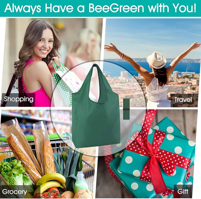 BeeGreen Reusable Bags for Shopping Machine Washable 12 Pack Xlarge Grocery bags Reusable Heavy Duty Folding with Elastic Band Colorful Tote Gift Bags Lightweight Durable Polyester - Image 7