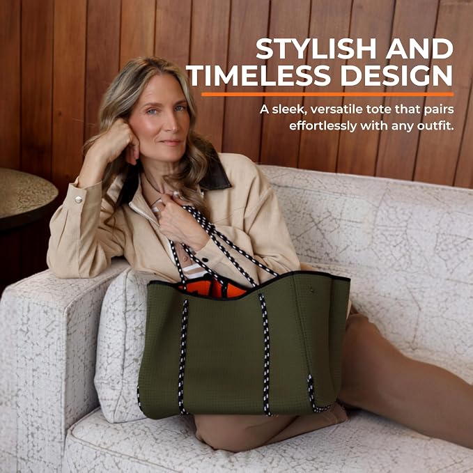POPUPS Large Neoprene Tote Bag for Women - Everyday Designer Handbag for Travel Work and Beach with Pockets and Zipper Pouch - Image 6