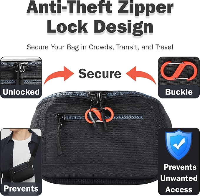 Compact RFID Blocking Fanny Pack, 5 Pockets, Black - Image 5