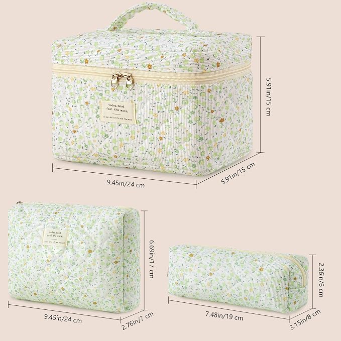 HBselect Quilted Makeup Bag, 3Pcs Cotton Large Travel Makeup Bags Organizer | Cute Floral Make up Bag Cosmetic Bag Toiletry Bag for Women Girls, Makeup Pouch for Skincare, Brushes & Travel Essentials - Image 6