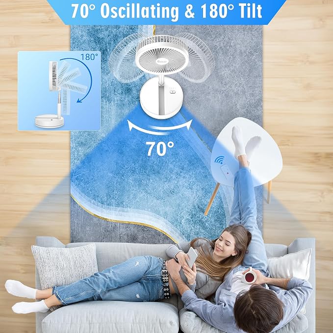 Portable Foldable Rechargeable Oscillating Fan - 8.6" 8000mah Remote Fan | Battery Operated USB C Small Fan Quiet Table Desk Fan Folding Standing Pedestal Fan for Bedroom Rome Office Camping Travel - Image 2