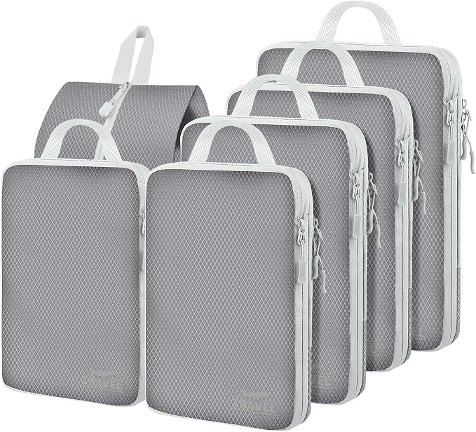 6 Set Compression Packing Cubes, Suitcase Organizer, Lightweight Travel Essentials, Compression Bags For Travel Accessories Luggage Storage Set (6Pcs, Gray) by Unknown