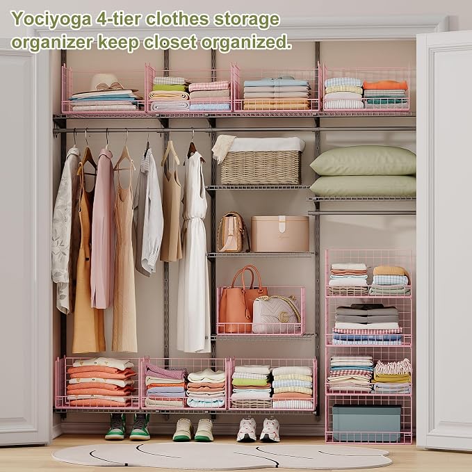 4-Tier Closet Organizers and Storage, Stackable Closet Organizer Basket, Foldable Closet Shelf Organizer Basket, Stackable Storage Bins and Organizer Shelves for Home Closet Organizer System, Pink - Image 4