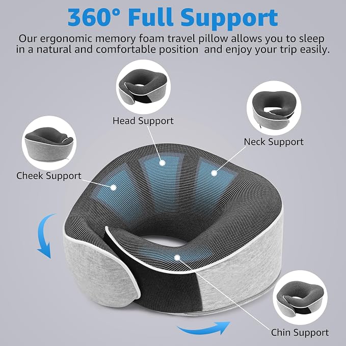 Memory Foam Travel Neck Pillow | Ergonomic 360 Degree Head Support for Airplane, Car and Office Sleeping, with Breathable Cotton Cover and Carry Bag, Gray-2 - Image 3