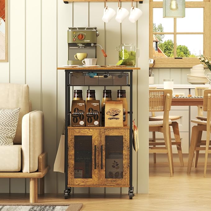 3 Tier Slim Rolling Coffee Cart with 2-Door & Pull-Out Wire Basket Drawer, Coffee Bar Cabinet on Lockable Casters, 32.7" H Microwave Cart with Storage for Home, Kitchen, Living Room (Rustic Brown) - Image 9