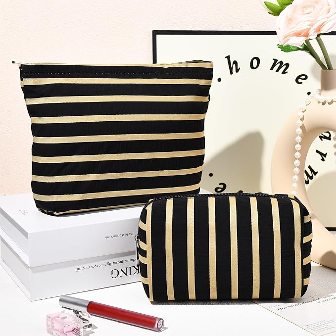 SOIDRAM 2 Pieces Makeup Bag Large Stripe Cosmetic Bag Capacity Canvas Mix Travel Toiletry Bag Organizer Cute Makeup Brushes Aesthetic Accessories Storage Bag for Women, Stripe Mix Black - Image 2
