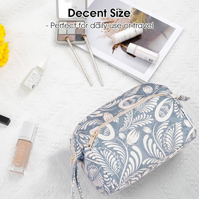 Narwey Women Makeup Bag Wide-open Make up Bag Travel Cosmetic Organizer Toiletry Bag for Cosmetics Toiletries Accessories (Blue Leaf) - Image 7
