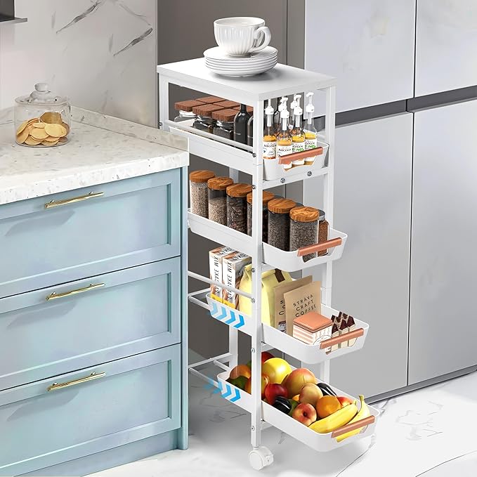Slim Storage Cart, 5-Tier Narrow Rolling Kitchen Laundry Room Cart with Drawer and Wheels, Metal Utility Cart Slide Out Organizer for Small Spaces (White) by Outink
