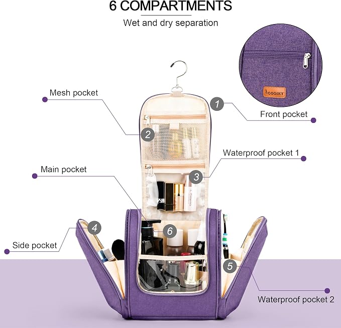 Hanging Travel Toiletry Bag for Women and Men, 6 Organizer Compartments, Large Toiletries essentials, Bathroom Cosmetic Accessories, Water-resistant Makeup Bag, Holds Full-Size Shampoo, Purple - Image 2