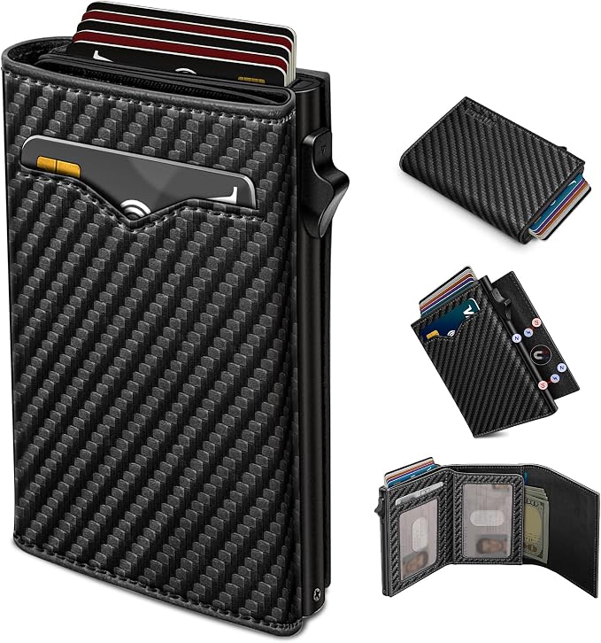 Wallet for Men,with Cash Pocket 2 ID Window 9-13 Cards,Metal Case Smart Slim Pop Up Credit Card Holder Flip with Magnetic Closure RFID Blocking Trifold wallet with Gift Box by Miyozi