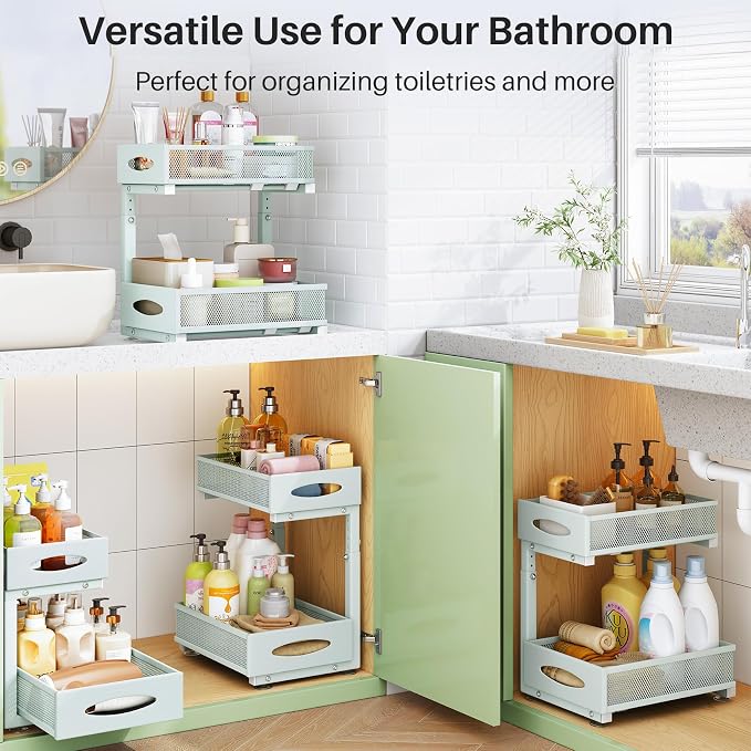 2 Pack Under Sink Organizer, 2 Tier Pull out Cabinet Organizer Mesh Baskets with 5 Adjustable Heights, Sliding Drawers Storage Shelf for Home, Kitchen, Bathroom, Pantry, Office, Countertop ,Blue - Image 9