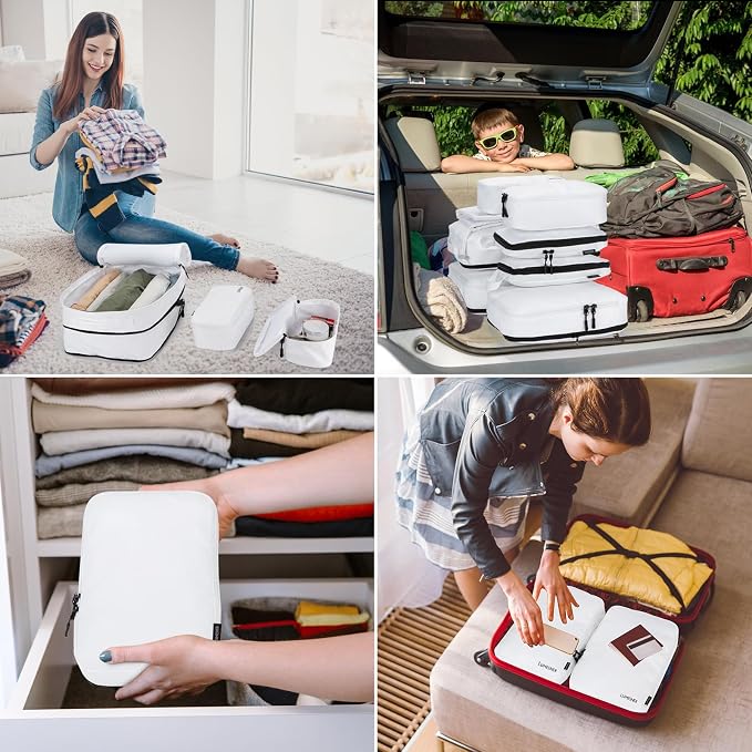 Compression Packing Cubes, Lumesner 8 Set Travel Packing Cubes for Carry on Suitcases, Compression Suitcase Organizers Bag Set & Travel Cubes(8-piece, White) - Image 7