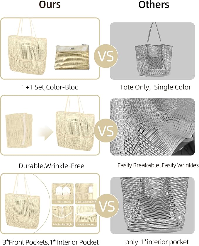 Mesh Beach Tote Bag for Women, 2-in-1 Large Lightweight Foldable Design | Packable into Matching Makeup Pouch | Multiple Pockets | Quick-Dry Sandproof Mesh | Beach, Pool, Travel, Shopping & Gym - Image 5
