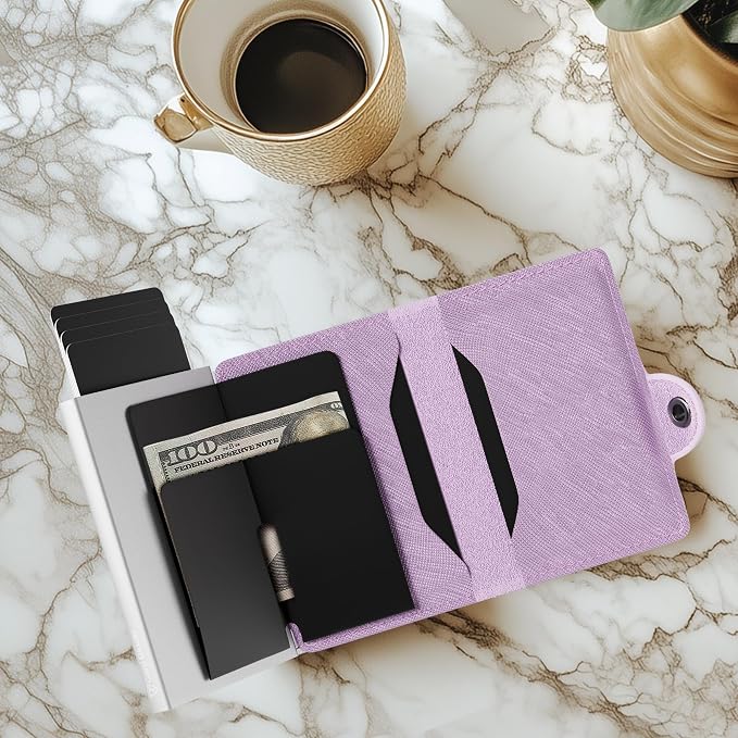 RFID Wallet Women - Light Pink Saffiano Credit Card Holder | Slim Aluminum Women's Wallet Blocks Scanning at 13.56MHz, Holds 4-6 cards with One-Touch Access, Fits Small Purse or Pocket - Image 5
