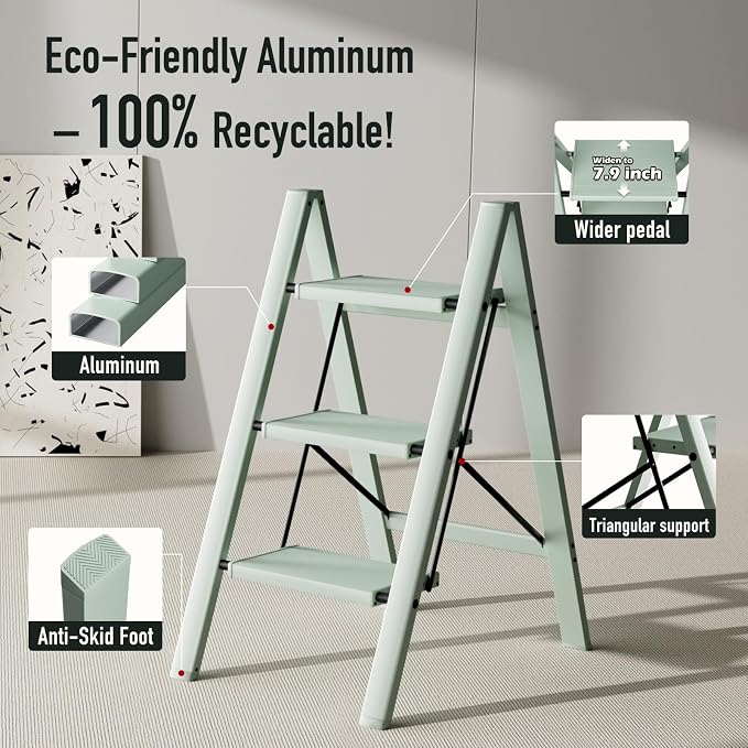 Mayi Plus 3 Step Stool Foldable, Aluminum, Lightweight Step Ladder | Extra-wide anti-slip folding steps with 330 lbs, for home,kitchen,office,outdoor,Green - Image 3