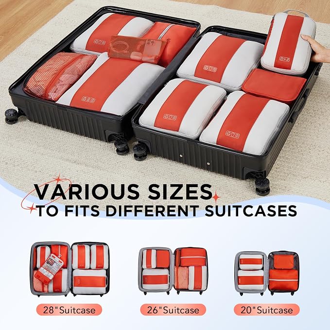 OlarHike 10 Set Compression Packing Cubes for Travel Essentials,Compressible Expandable Space Saver Bags for Organizing Clothes,Luggage Suitcase Garment Bags with Over 1000 pcs Mesh Holes(Orange) - Image 7