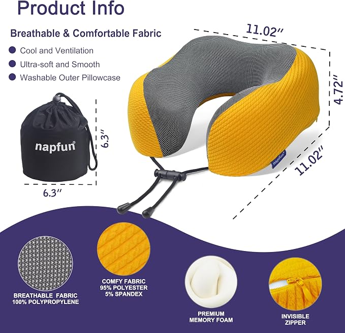 napfun Neck Pillow for Travel, Memory Foam Airplane Pillow, Yellow | 360° Neck Support, Upgraded 100% Memory Foam for Airplane, Car, Train, Bus, Office Sleep, Travel Essentials for Long Flights - Image 2