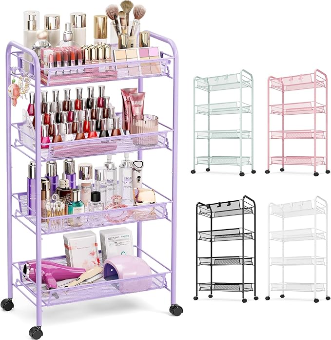 TOOLF 4 Tier Rolling Cart, Metal Utility Storage Cart with Wheels, Purple | 3 Hooks, Screwless Assembly, Trolley Organizer for Bathroom, Kitchen, Office, Nursery, Dorm, Laundry Room by TOOLF