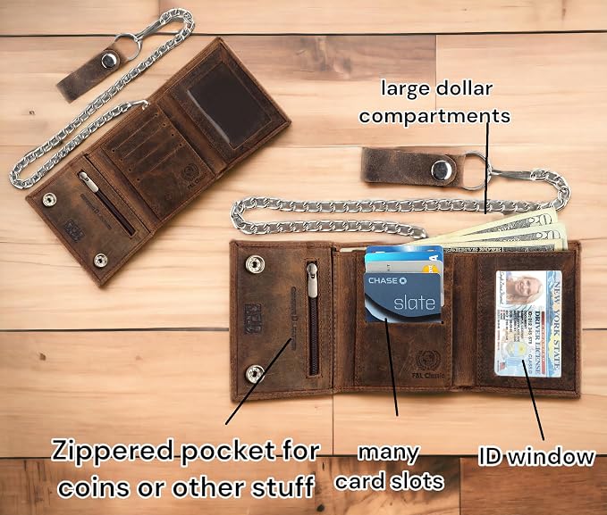 F&L CLASSIC RFID Blocking Men's Tri-fold Vintage Biker Cowhide Leather Steel Chain Wallet,Snap closure, USA,Vintage buffalo brown,315 - Image 4