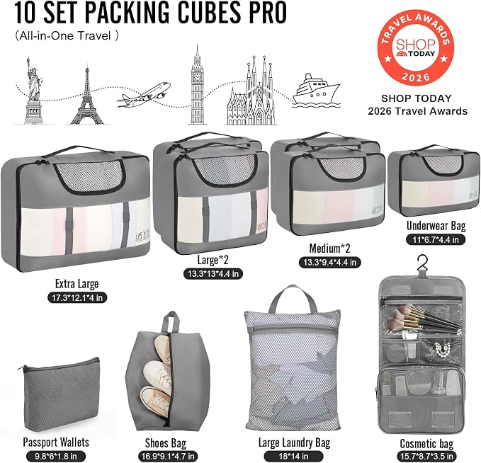 Veken 10 Set Packing Cubes for Travel Essentials,Anti-Wrinkle Buckled Suitcase Organizer for Shoe & Toiletry Bag,Carry On Luggage Bag with 99+ Count Mesh Holes for Airplane & College Dorm Accessories - Image 2