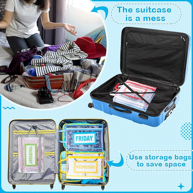 14 Pack Packing Cubes for Travel Days of Week Packing Cubes with Label Clear Zippered Storage Bag for Summer Camp Essential - Image 6